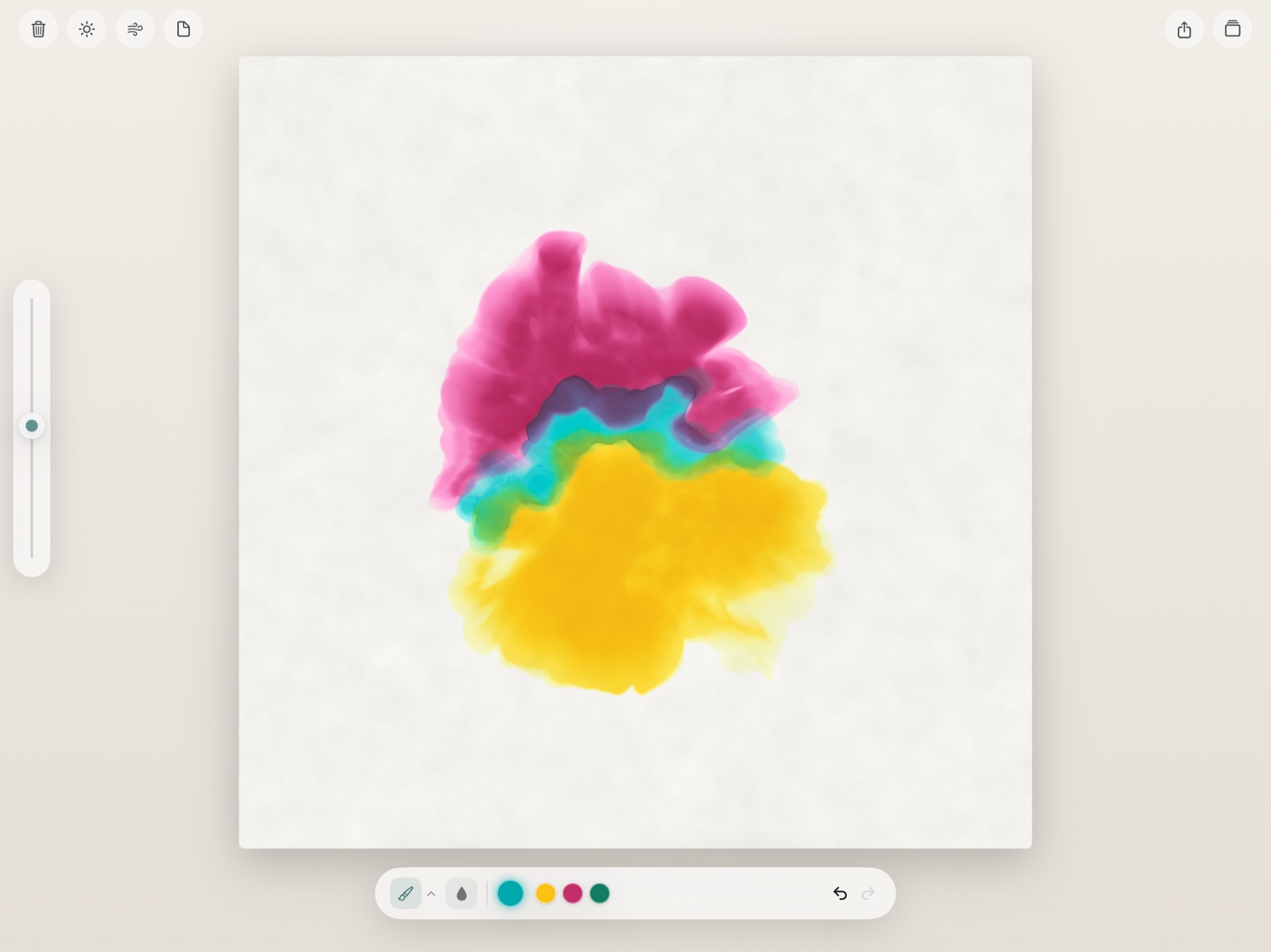 Bloomwash on iPad: magenta, teal and yellow washes on paper, with the pigment swatches and brush tools along the bottom.